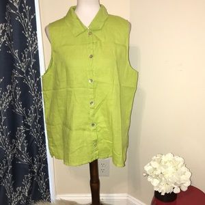 Flax Green Button Front Sleeveless Top Lagenlook